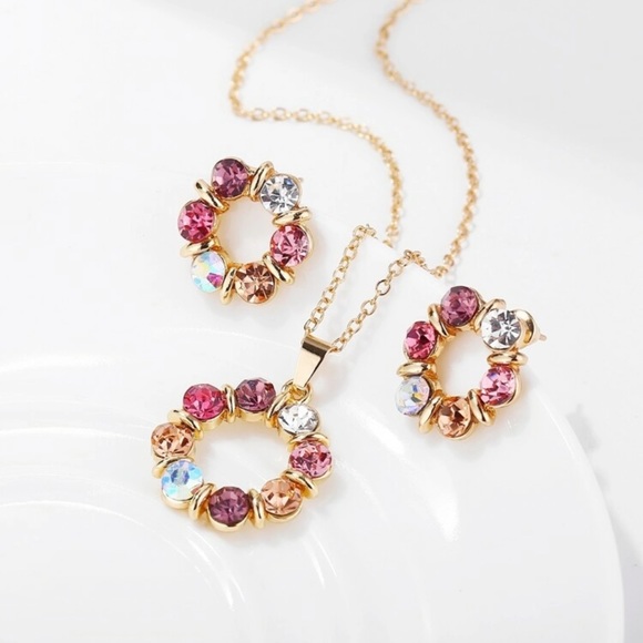 🆕 Multicolor Crystal Rhinestone Gold Circle Necklace Earrings & Pendant … - Picture 4 of 5
